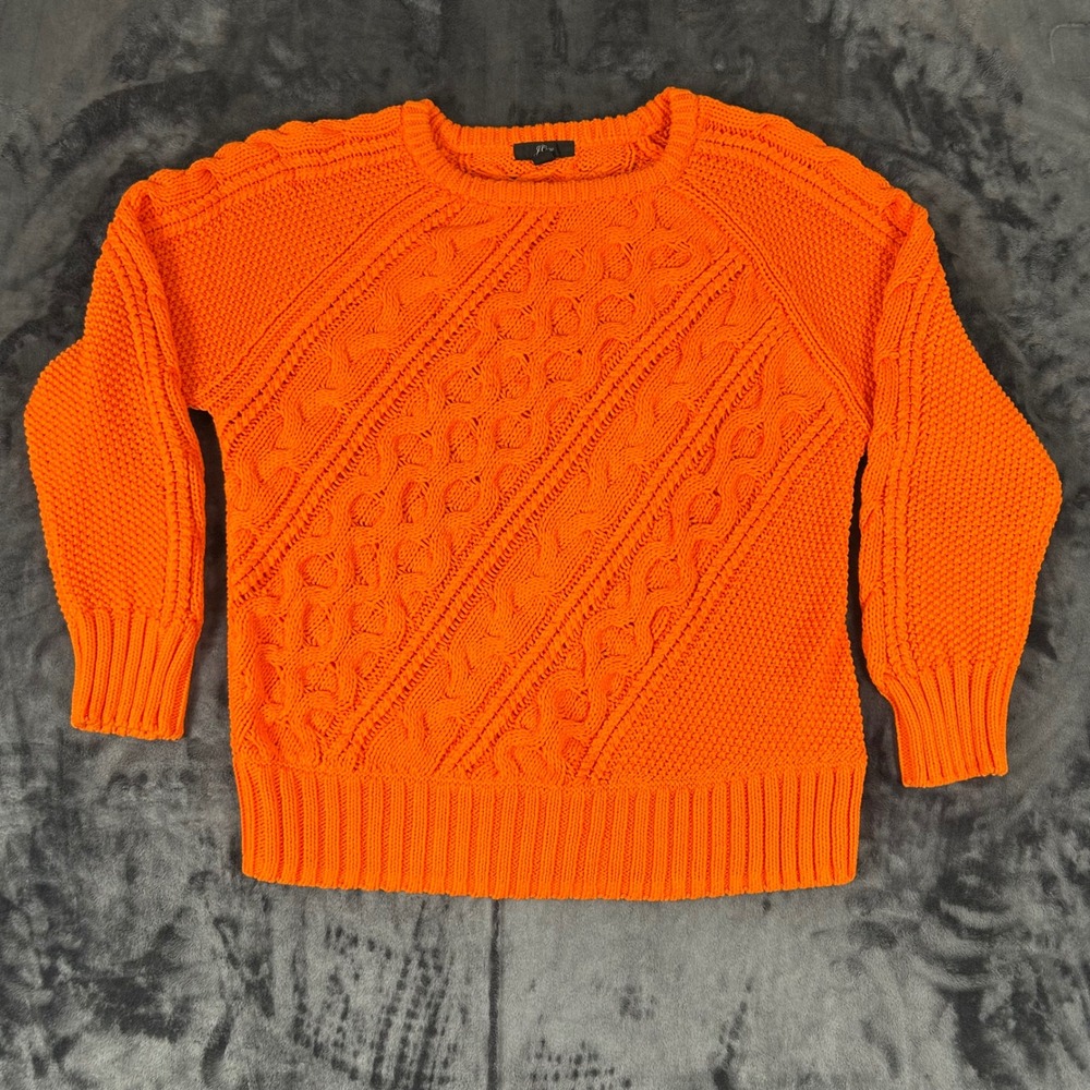 J.Crew Sweater Womens Medium Orange Cable Knit Raglan Chunky Cotton Blend